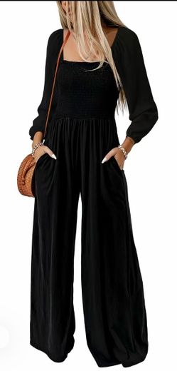 Black Smocked Wide-Leg Jumpsuit