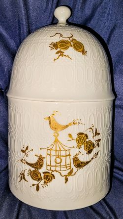 Mid-Century Lidded Porcelain Jar with Gold Decorations