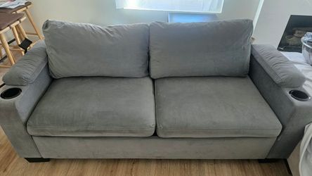 Gray Fabric Loveseat Sofa bed with Cup Holders