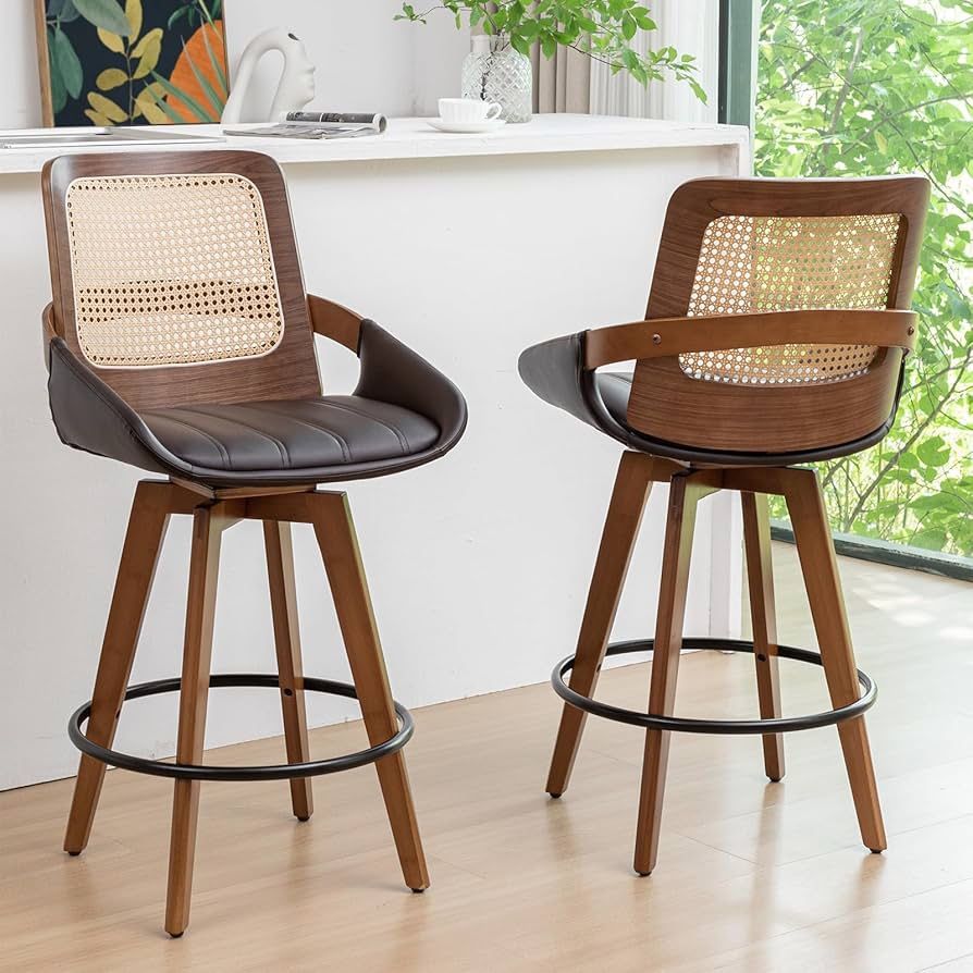 Set of 2 Bar Stools Counter Height - 26.4 inch Swivel Walnut Counter Stools with Cane Back, Upholstered Seat, Curved Arms, Rattan Counter Stools for I