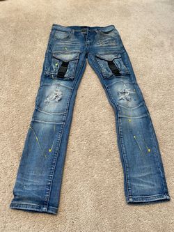 Distressed Cargo Denim Jeans with Paint Splatter