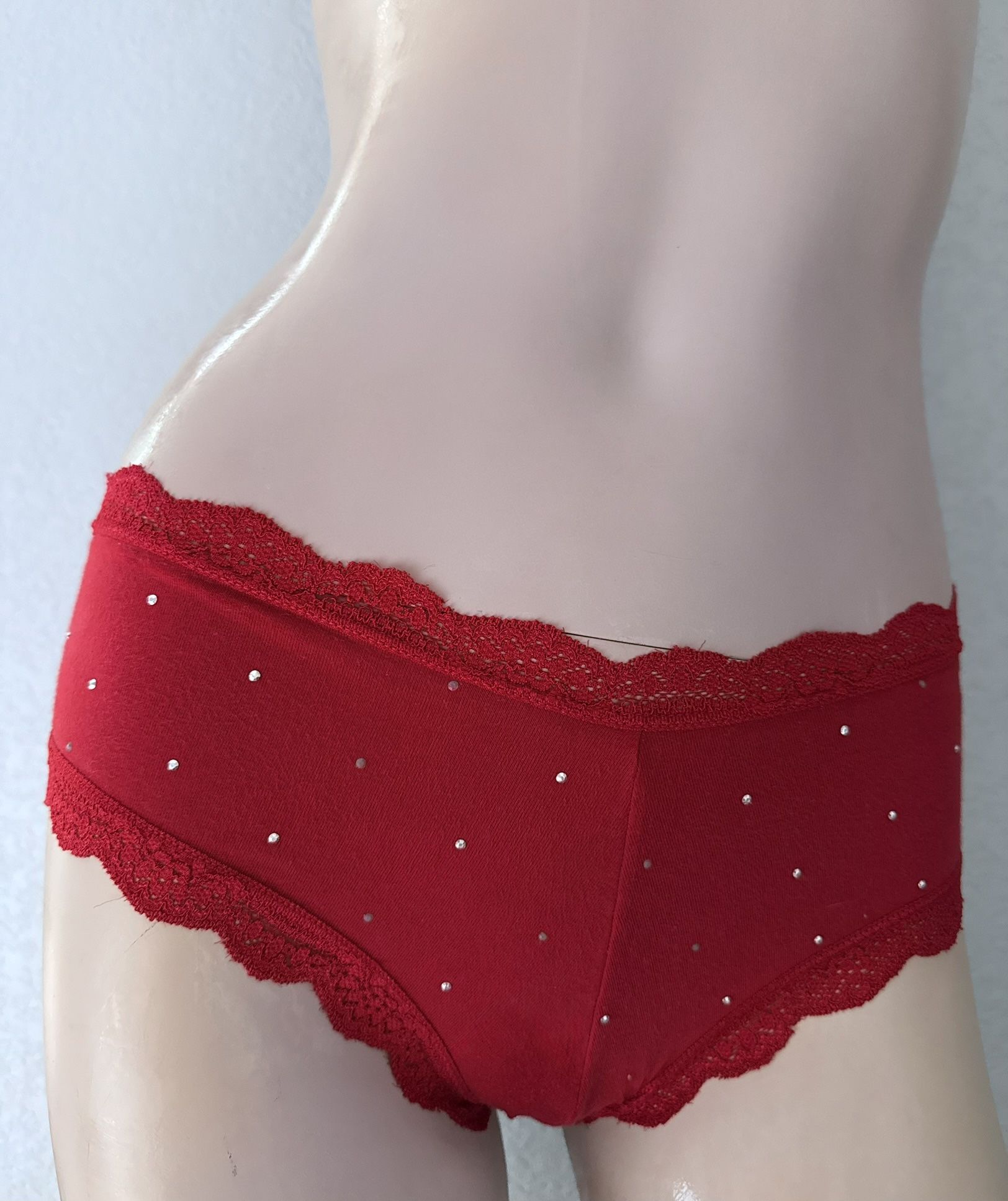 Victoria’s Secret PINK Cheeky Panties Red Lace Trim Rhinestone Dot Vintage New