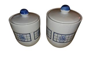 Two Vintage Pomerantz 1980s White and Blue Canisters