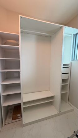 IKEA PAX Closet System – White, 3 Sections with Drawers & Shelves – Like New