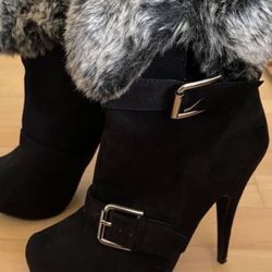 Black Fur Trimmed High Heel Boots Size 7
