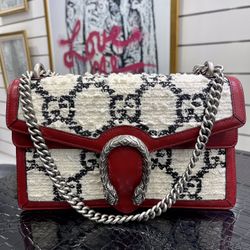 Gucci Dionysus - Shoulder Bag Small Tweed GG Monogram/White/Black/Cherry Red