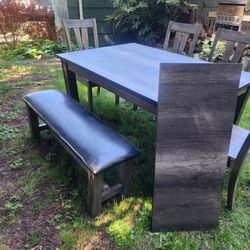 Big Table With Leaf, 4 Chairs And Bench