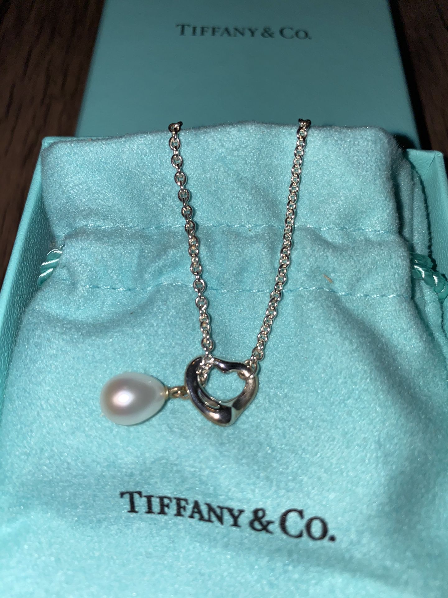 Tiffany & Co Sterling Silver Elsa Peretti Pearl Heart Lariat Necklace