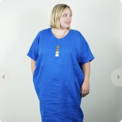 Pamut Apparel Lagenlook Cobalt Blue Midi Linen Atlas Dress XL Pockets USA