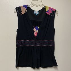 Women’s PLENTY By TRACY REESE  (anthropologie) Cotton/modal Sleeveless Black Top, Trimmed In Silk Floral..size Medium