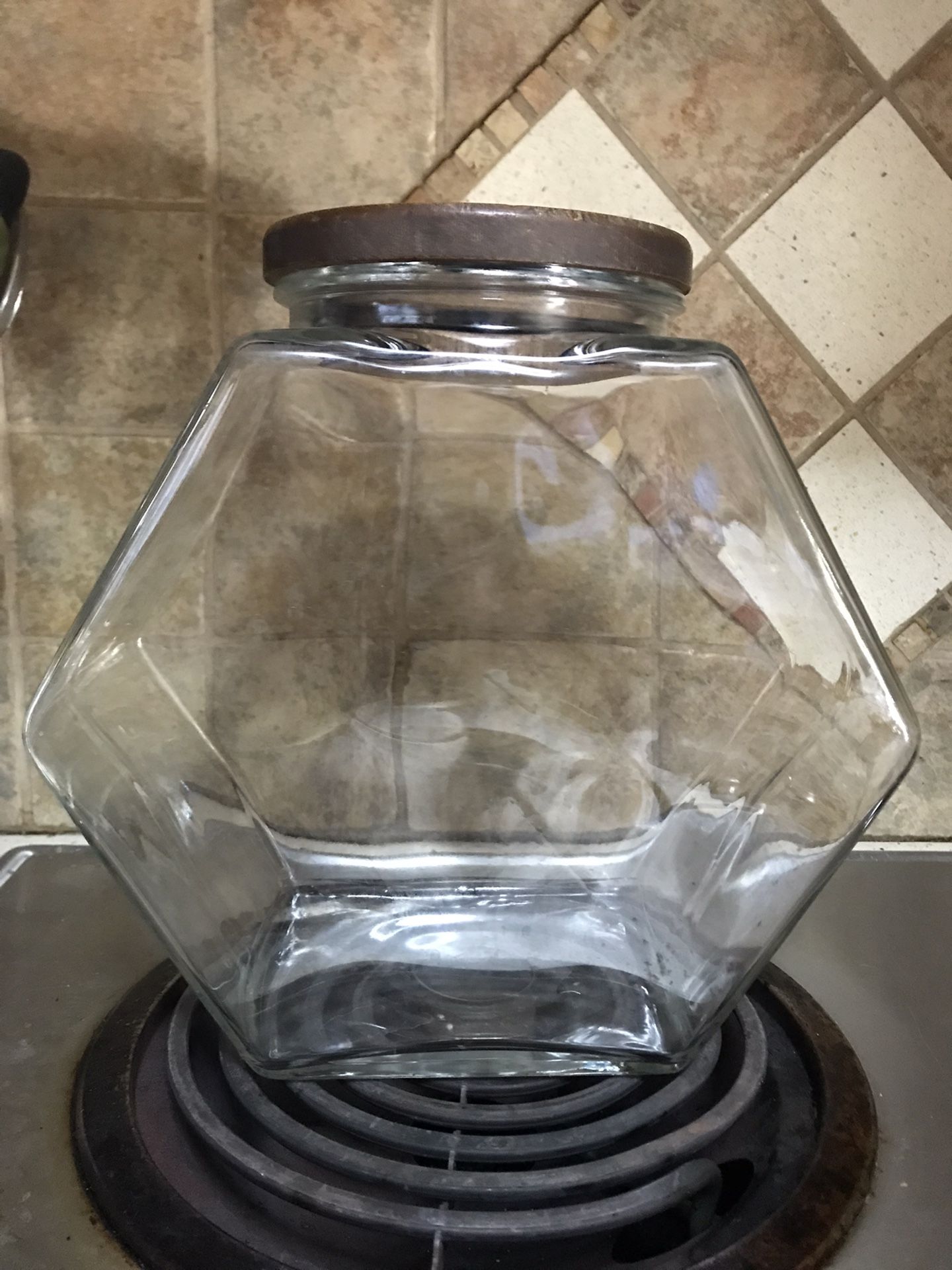 Glass Cookie Jar-Wood Top With Rubber Seal Vintage hexagon cookie jar. 8" glass wood lid