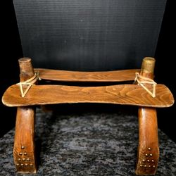 Mid Century 1960s Egyptian Camel Saddle Wood Brass Stool Foot Rest 11"×21.5"×9"