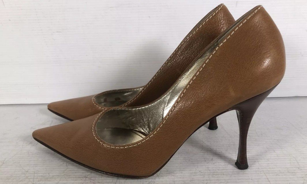Dolce & Gabbana Womens Brown Leather Pointed Toe Slip On Pump Heels Size 38 Authenticated 
