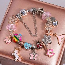 Cute Girly Charm Bracelet Unicorn Mermaid Butterfly Ladybug Heart Pink Silver