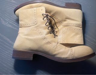 Cream Leather Brogue Lace-Up Ankle Boots