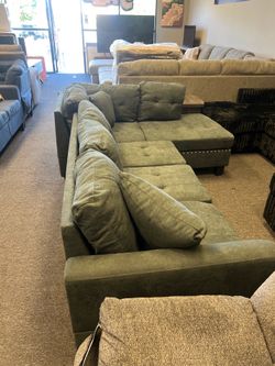 New grey 2 pc sectional with studs and comfort label chaise was $799 now $375 2 left