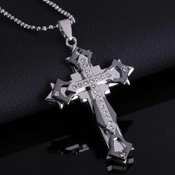 Uniquely Crafted Multi-layer 2-Tone CZ Cross Pendant Necklace 