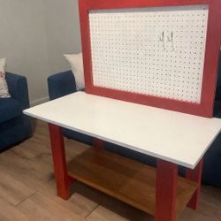 Solid Wood Kids Workbench w/ Pegboard Tool Wall – 40” Wide – Craft / Tool Bench