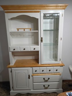Vintage kitchen hutch, off white with oak trim.