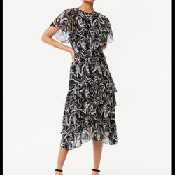 T ie Waist Midi Dress with Ruffle Sleeves
