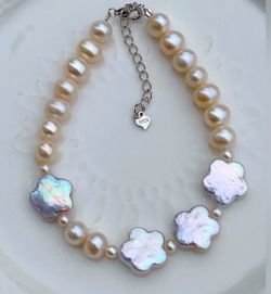 B57-Handmade 4 Flower Pearl S925 Sterling Silver Bracelet