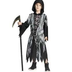 Kids Boys Halloween Grim Reaper Costume, Skeleton Bones Hooded Robe Scythe Outfit Carnival 3-4 Years