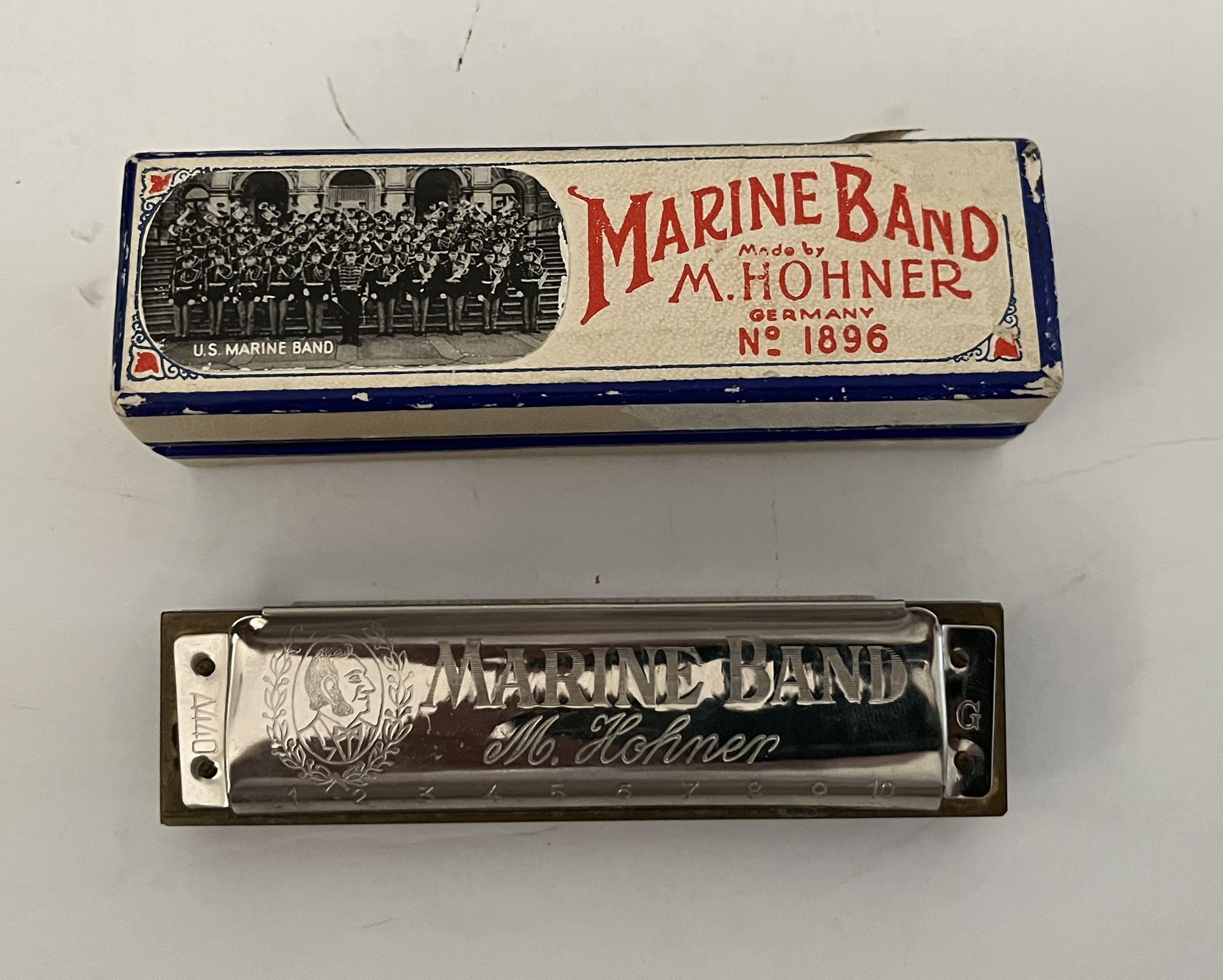 M. Hohner Marine Band Harmonica No. 1896 Key of G w Original Box Made in Germany