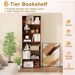 6-Tier Bookcase, 70” Tall Freestanding Bookshelf with 6 Open Shelves, Anti-Toppling Kits, Floor Display Storage Organizer for Living Room, Study, Kitc