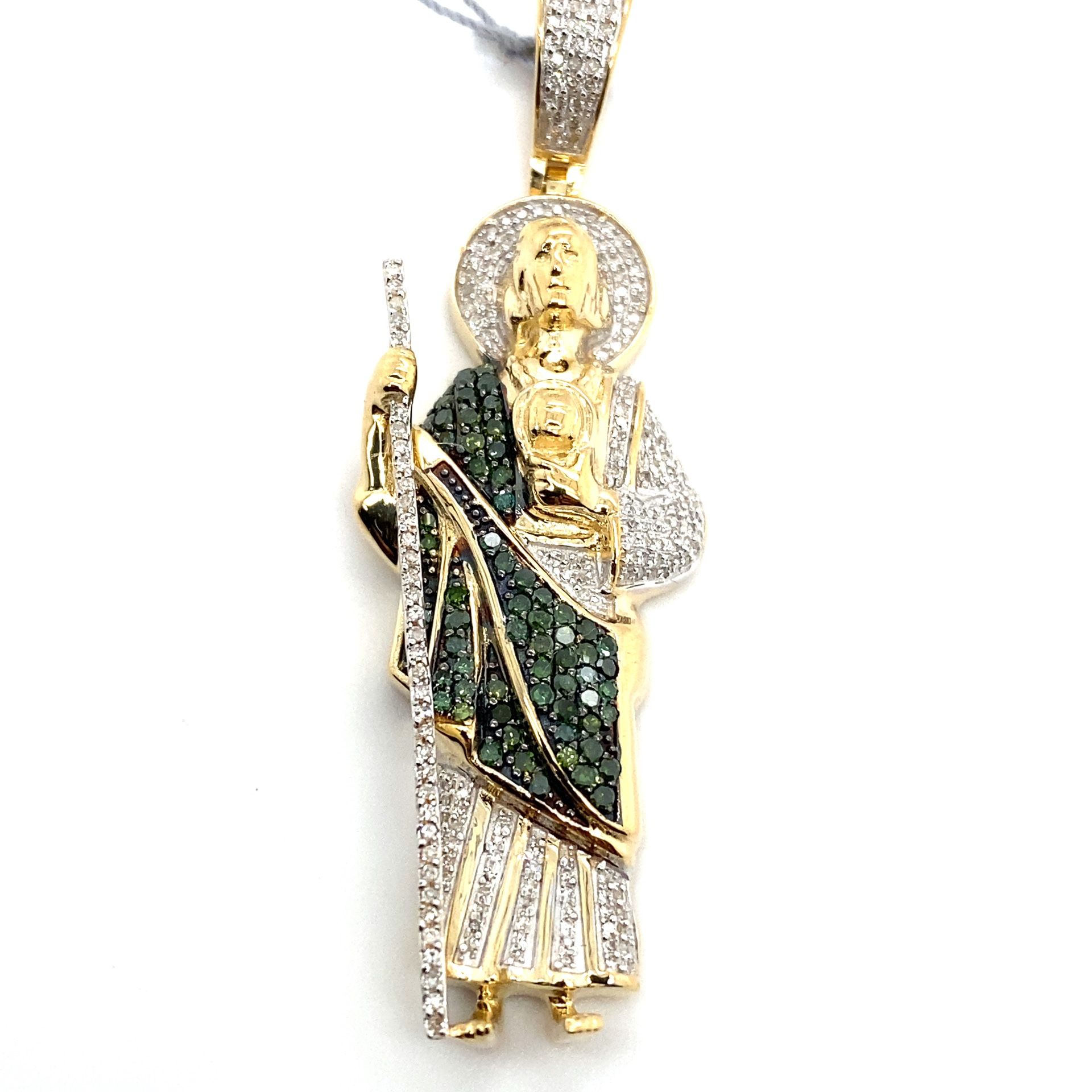 10k Gold Diamond Pendant San Judas Green White Diamonds .8ctw