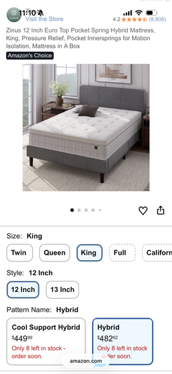 $150-King mattress Zinus 12 Inch Euro Top Pocket Spring Hybrid Mattress, King, Pressure Relief, Pocket Innersprings for Motion Isolation, Mattress in 