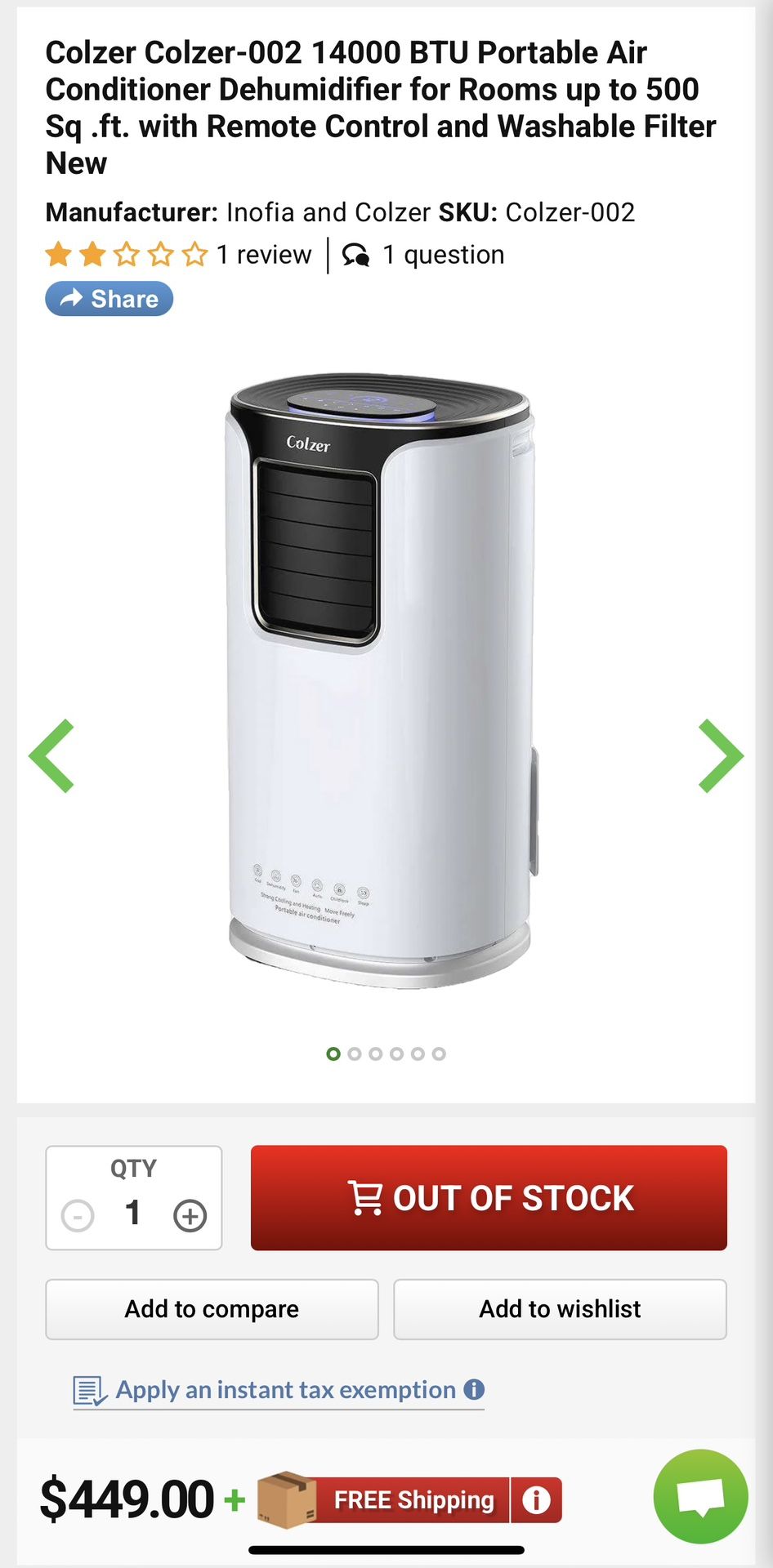 Colzer Colzer-002 14000 BTU Portable Air Conditioner Dehumidifier for Rooms up to 500 Sq.ft. with Remote Control and Washable Filter