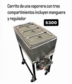 Carrito de una vaporera con tres compartimientos incluyen manguera y regulador