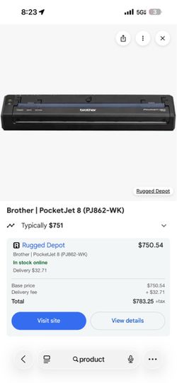 Brother | PocketJet 8 (PJ862-WK) with roller case, rugged jet ac adapter and lithium battery