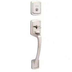 Kwikset Prague Satin Nickel Single Cylinder Entry Door Handleset with Round Pismo Knob Featuring SmartKey Security