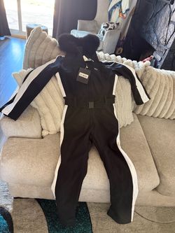 Black and White One-Piece Ski Suit with Fur Hood