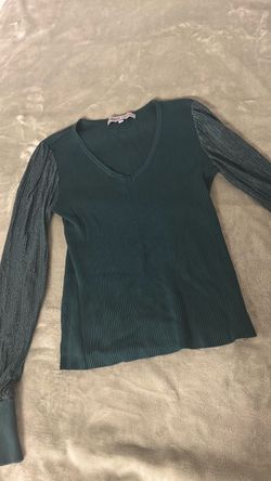 Green Ribbed V-Neck Top with Sheer Sleeves- medium