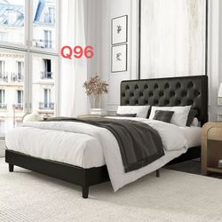 Q96 Amolife Queen Bed Frame with Adjustable Faux Leather Headboard, Diamond Button Tufted Upholstered Style, Black