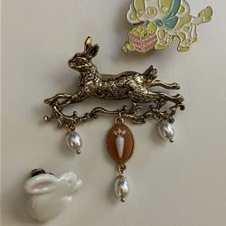 3 x Easter Pin Lot - Fancy Rabbit & Carrot + Enamel + Bunny - Spring Jewelry Bundle