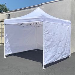 (New) $140 Heavy Duty 10x10ft Popup Canopy with 3 Sidewalls, White/Blue