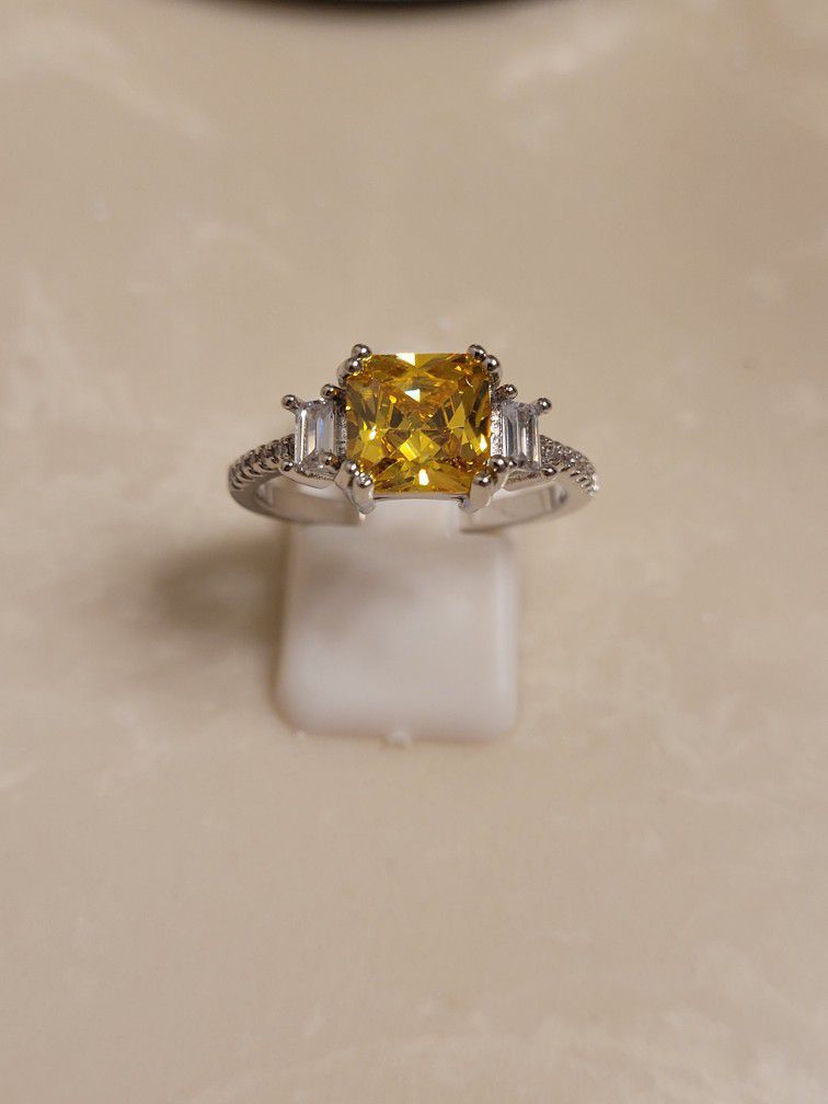 925 Silver CZ and Citrine Ring Size 9