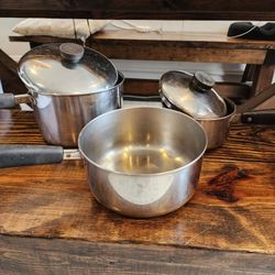 5 Piece Vintage Revere Ware Copper Bottom Cookware Pots & Pan Set