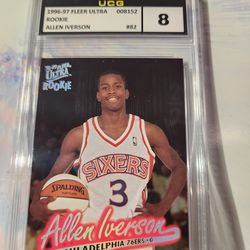 This image features a 1996-97 Fleer Ultra Allen Iverson HALL OF FAMER #82 rookie card. Iverson, the legendary point guard for the Philadelphia 76ers. 