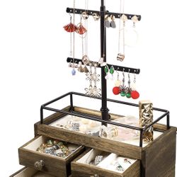 Jewelry Organizer Tower with Double-Layer Wooden Drawer Storage Box - 3 Tier Jewelry Stand for Necklaces, Bracelet, Earrings & Ring Jewelry Tree Jewel