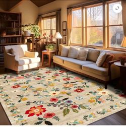 Pentantan 8'x10' Floral Area Rugs, Machine Washable Rug for Living Room- Soft Indoor Carpet, Low Pile for Bedroom, Dining Room, Playroom, Office