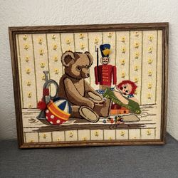 Framed Needlepoint Children's Toys teddy bear doll Ball Marbles Soldier Books