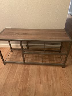 Entryway shoe bench — metal frame, wood-look top