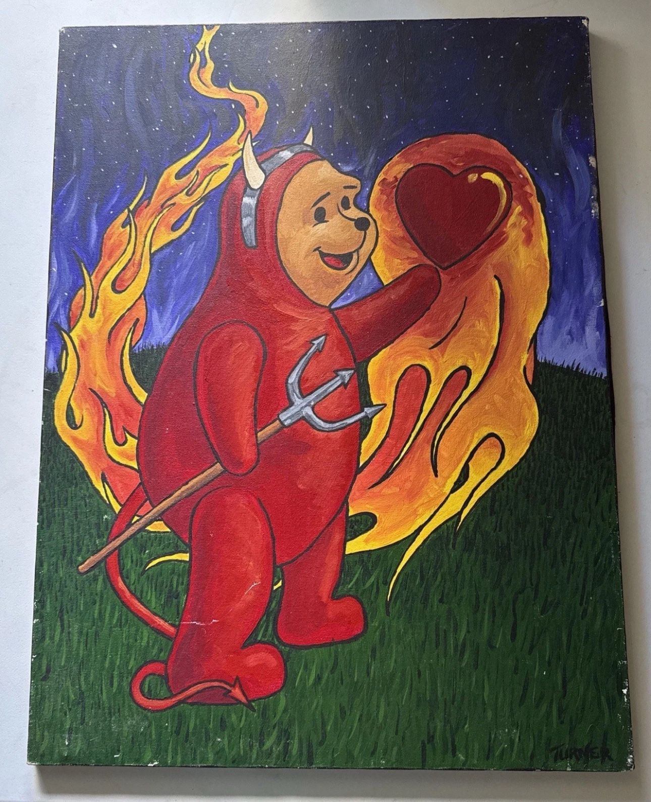 original acrylic painting of Winnie the Pooh As a devil by artist Peter Turner