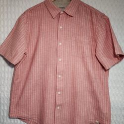Chaps Large Stripe Linen Blend Woven Short Sleeve Shirt Apricot