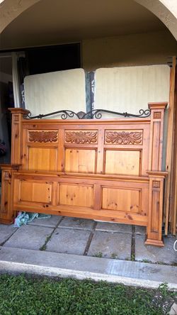 King Size Wood Headboard with Iron Scrollwork
