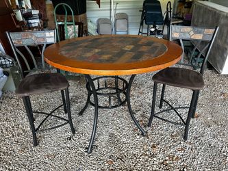 Round Slate Top Dining Table with Two Tall Chairs